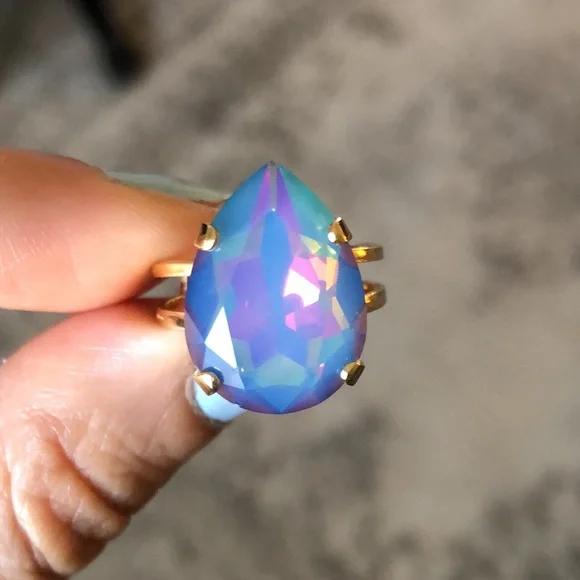 Rainbow Opal + Gold Pear Crystal Ring - Picture 1 of 12